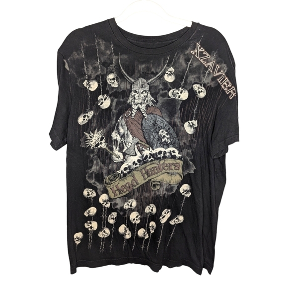 Xzavier viking skull grunge lightning rain AOP biker Gothic warrior men Tshirt L - Picture 1 of 9